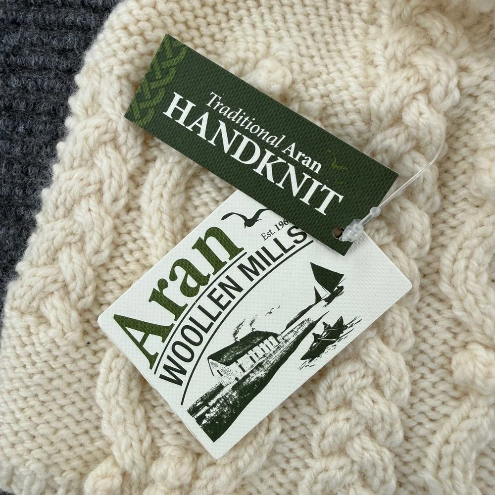 Aran Woollen Mills Handknit Tea Cosy Cream Cable Knit Pom Pom Wool